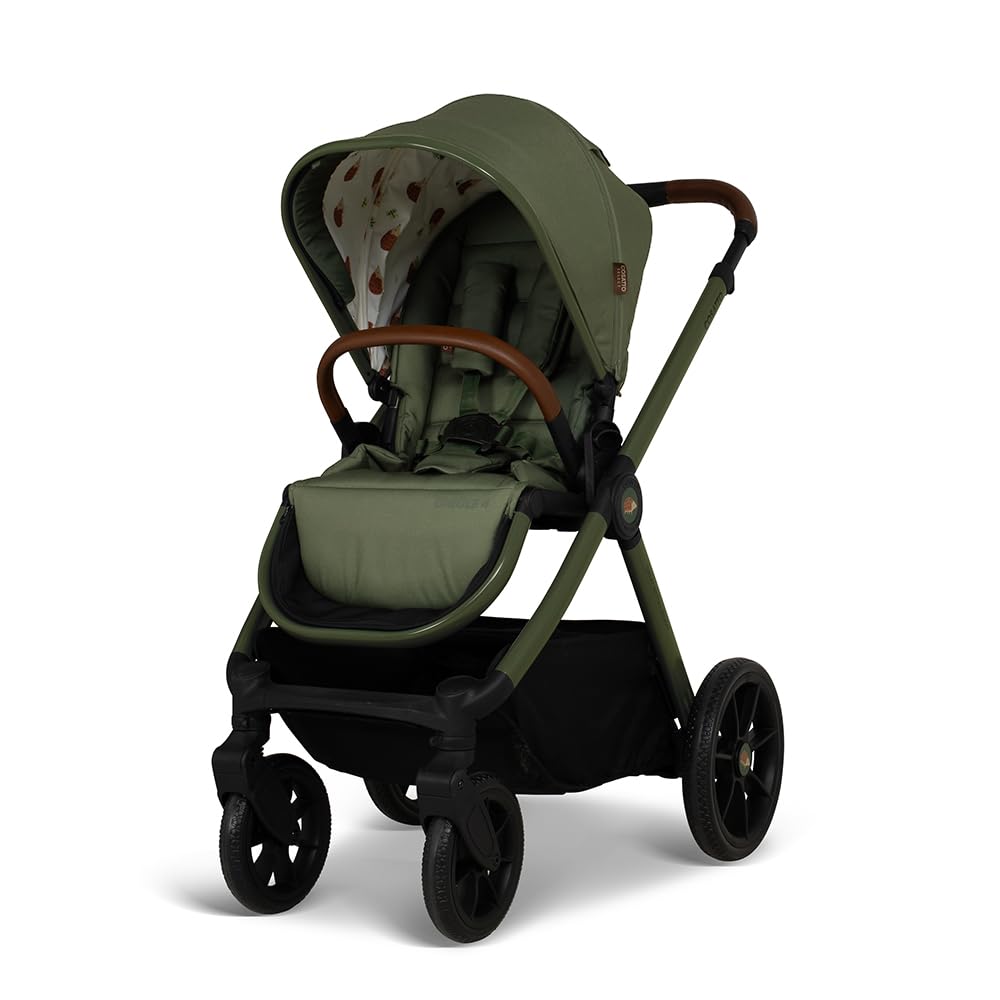 Cosatto Giggle 4 travel system with pram, infant car seat, raincover, and carrycot, suitable for babies 0-25kg.