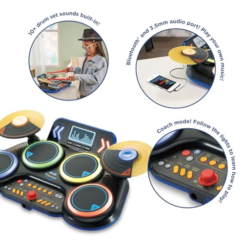 VTech Kidi DJ Drums, Light-up Electronic Drum Kit for Kids, with 4 Drums, 2 Cymbals, Drum Sticks, Bluetooth, Coach Mode and More, Music Toy for Ages 5, 6, 7Plus Years, English Version