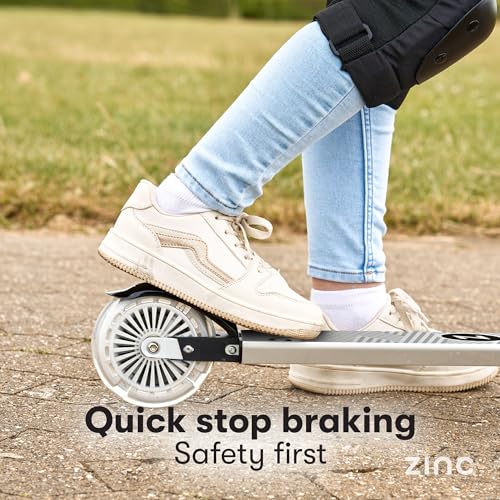 Zinc Two Wheeled Rider Kids Scooter for Ages 3+ – Folding 2-Wheel Kick Scooter with Light Up Wheels, Lightweight, Height Adjustable, Anti-Slip Footplate, Rear Footbrake, Soft Touch Foam Grips, White