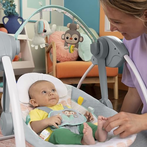 Bright Starts, Whimsical Wild Portable Compact Automatic Baby Swing with Music and Taggies, Removable Toy Bar with 2 Toys, Reclinable, 5 Point Harness, Newborn and up