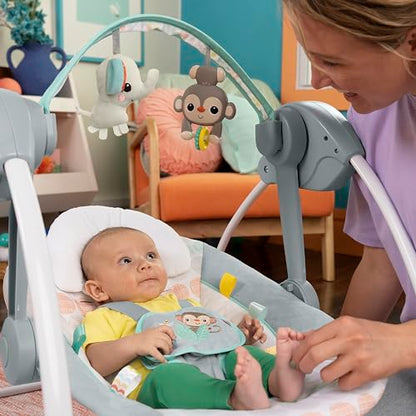 Bright Starts, Whimsical Wild Portable Compact Automatic Baby Swing with Music and Taggies, Removable Toy Bar with 2 Toys, Reclinable, 5 Point Harness, Newborn and up
