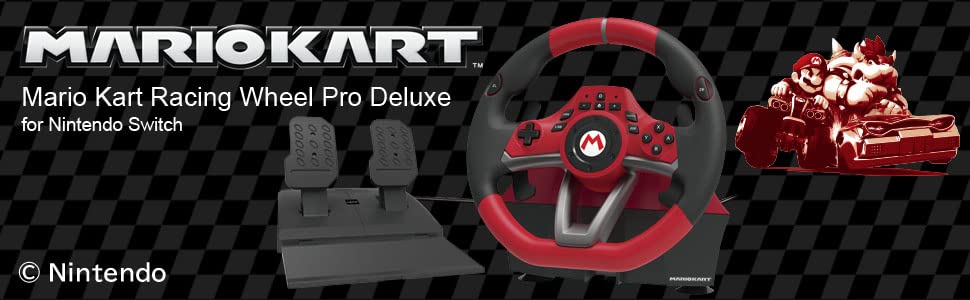 Hori Mario Kart Racing Wheel Pro Deluxe for Nintendo Switch, black racing wheel with Mario Kart branding and adjustable grips.