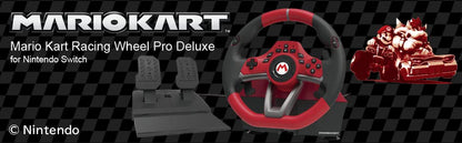 Hori Mario Kart Racing Wheel Pro Deluxe for Nintendo Switch, black racing wheel with Mario Kart branding and adjustable grips.