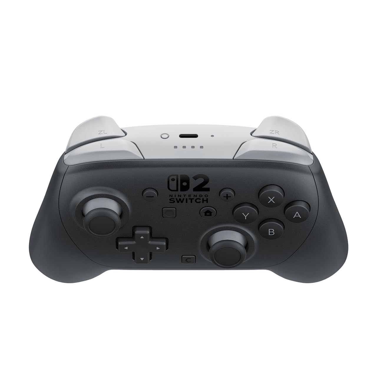 Nintendo Switch 2 Pro Controller with ergonomic design and button layout, shown from front with thumbsticks and face buttons visible.
