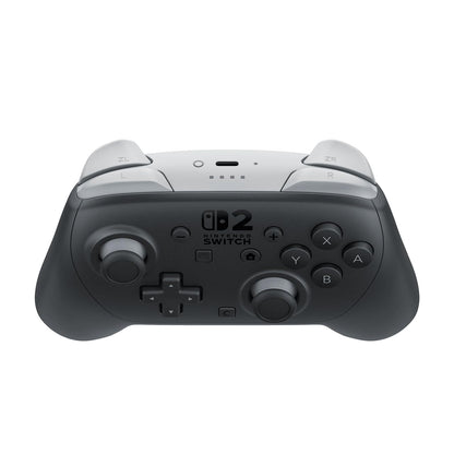 Nintendo Switch 2 Pro Controller with ergonomic design and button layout, shown from front with thumbsticks and face buttons visible.