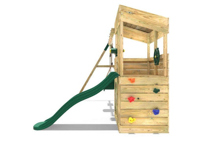 Rebo® Wooden Lookout Tower Playhouse with 6ft Slide with Swings - Zion | OutdoorToys | Pressure Treated Timber, Baby Swing, Secret Den, Climbing Wall, either Binoculars or Telescope & Steering Wheel