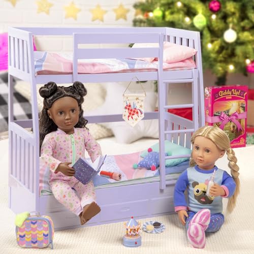 Lilac Our Generation Dream Bunks toy bunk bed set for 18-inch girl dolls, perfect for imaginative play for kids ages 3+.