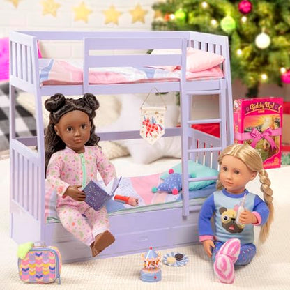 Lilac Our Generation Dream Bunks toy bunk bed set for 18-inch girl dolls, perfect for imaginative play for kids ages 3+.
