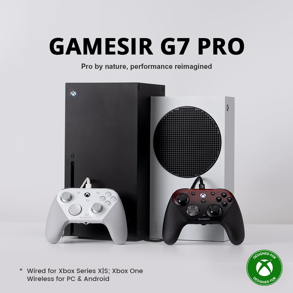 GameSir G7 Pro wired Xbox controller in black with TMR sticks, Hall effect triggers, 3.5mm audio jack, and ergonomic design.