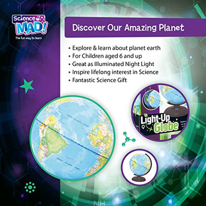 Science Mad light-up globe for kids showing Earth with day and night features, 20cm diameter, on an arc mount for ages 6 and up.
