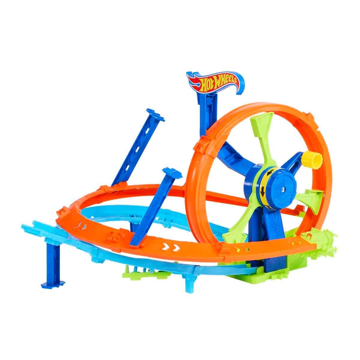 Hot Wheels toy car track set with loop-kicker booster and die-cast vehicle on a figure 8 track with a crash area.
