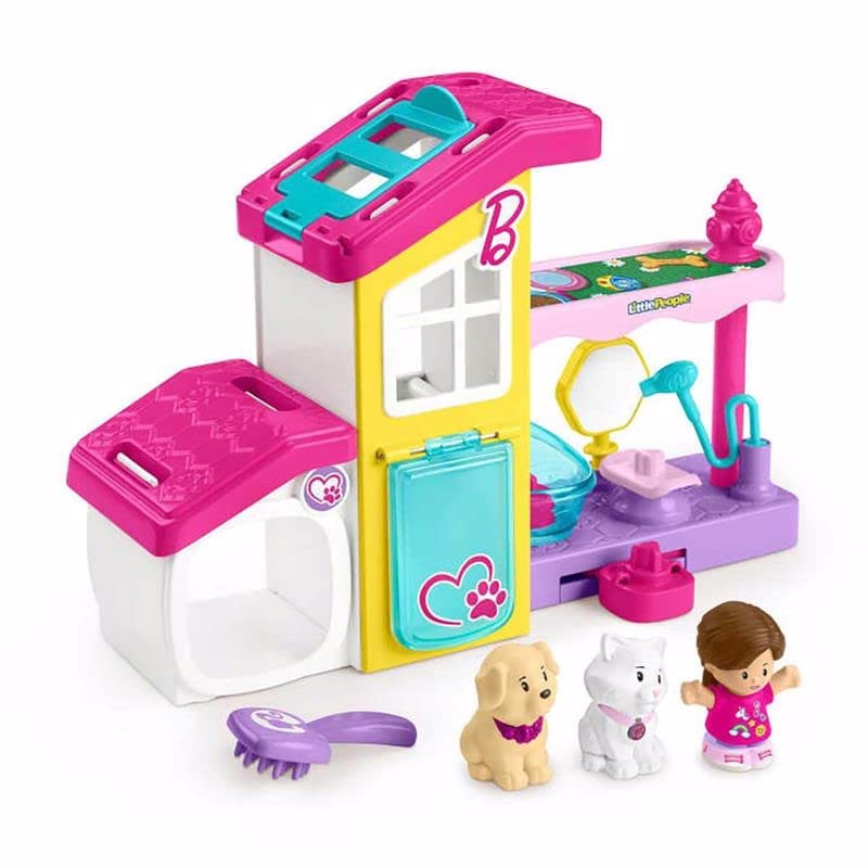 Fisher-Price Little People Barbie Toddler Toy Playset with pet spa, featuring colorful figures, spa accessories, and musical sounds.
