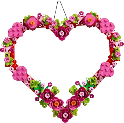 LEGO Heart Ornament Toy with colorful flowers, leaves, and smaller hearts in a display model for kids' arts & crafts.