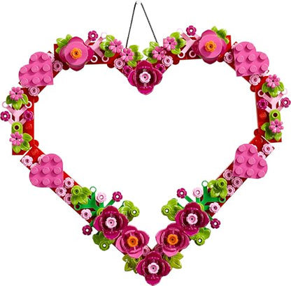 LEGO Heart Ornament Toy with colorful flowers, leaves, and smaller hearts in a display model for kids' arts & crafts.
