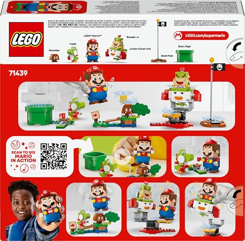 LEGO Super Mario Adventures set featuring interactive Mario, Bowser Jr.'s Clown Car, and Yoshi toy for ages 6 and up