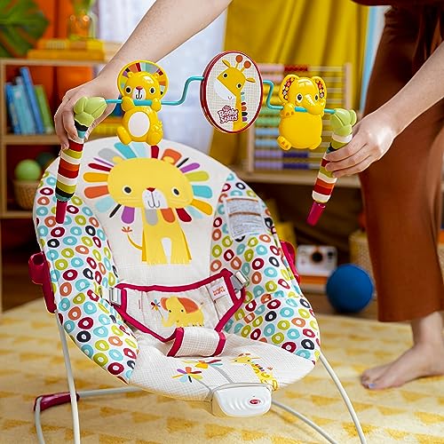 Bright Starts Playful Pinwheels Bouncer with colorful fabric, cushioned seat, and playful pinwheel toys for infants.