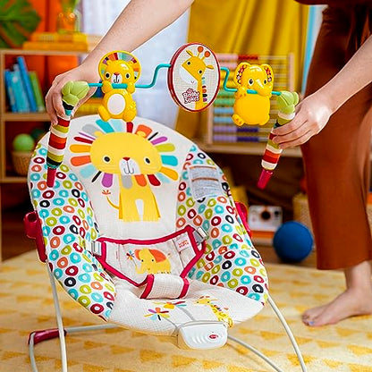 Bright Starts Playful Pinwheels Bouncer with colorful fabric, cushioned seat, and playful pinwheel toys for infants.