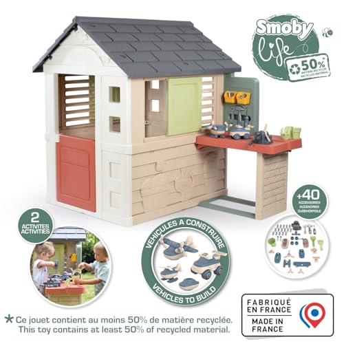 Smoby Life Nature Playhouse Plus Workshop for kids with colorful exterior and play area, ideal for outdoor imaginative play.