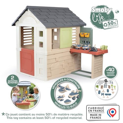 Smoby Life Nature Playhouse Plus Workshop for kids with colorful exterior and play area, ideal for outdoor imaginative play.