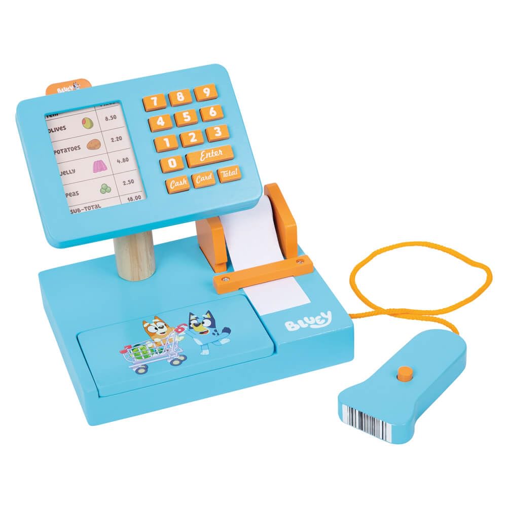 Bluey cash register toy with scanner, pretend money, food accessories, and credit card, designed for kids' interactive play.