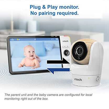 VTech VM919HD baby monitor with camera showing 360° pan and tilt, 7-inch HD display, night vision, and wide-angle view.