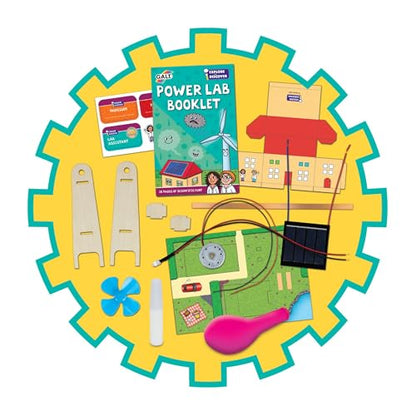 Galt Power Lab science kit for kids showing solar panel, motor, and experiment tools for STEM learning and exploration.