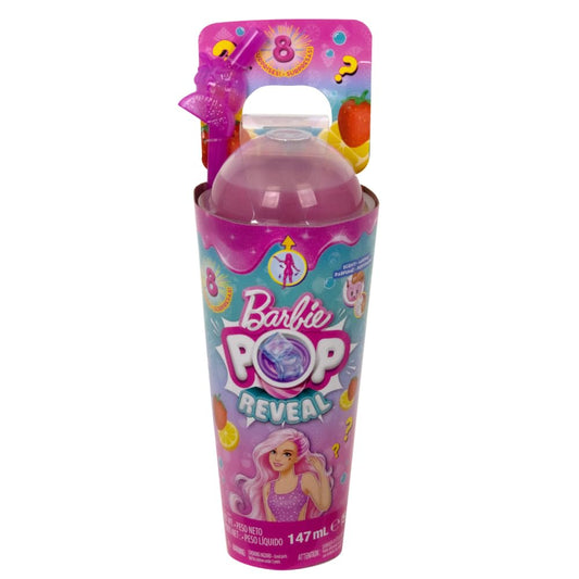 Barbie Pop Reveal fruit-themed doll with strawberry lemonade scent, featuring vibrant colors and playful design.