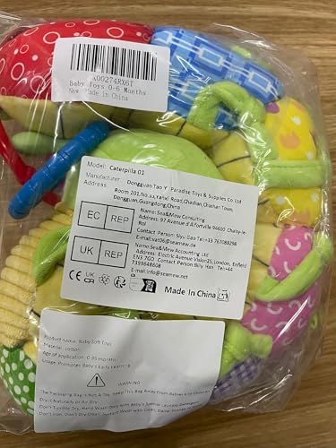 Accevo baby musical multi-sensory caterpillar soft toy with crinkle, rattles, and textures for tummy time and sensory play.