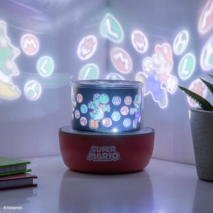 Paladone Super Mario projection light with interchangeable scenes, mood lighting, and three light modes, ideal for gaming room decor.