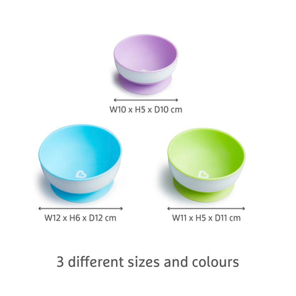 Munchkin Stay Put Baby Suction Bowl Set| Baby Bowls for Weaning| Baby Feeding Suction Dish Pack| for Babies & Toddlers 6 Months+|BPA Free Weaning Set for Babies| Microwave/Dishwasher Safe | 3 Pack