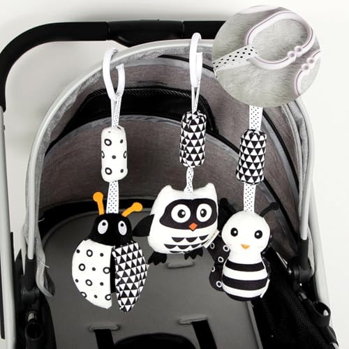 Set of 3 Mystiqut hanging sensory gym toys featuring high contrast black and white ladybug, bee, and owl for ages 15+