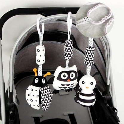 Set of 3 Mystiqut hanging sensory gym toys featuring high contrast black and white ladybug, bee, and owl for ages 15+