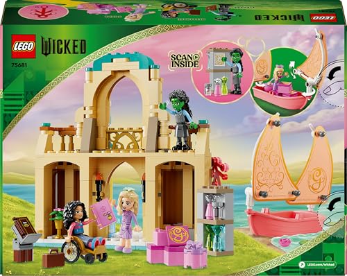 LEGO Wicked Glinda, Elphaba & Nessarose mini dolls with boat and accessories at Shiz University building toy set.