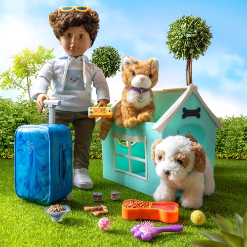 18-inch Our Generation Milo boy doll with travel accessories, including sunglasses, passport, and luggage for imaginative play.