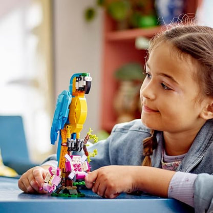 LEGO Creator 3 in 1 Exotic Parrot, Frog, and Fish building toy, showcasing colorful animal figures for creative play.