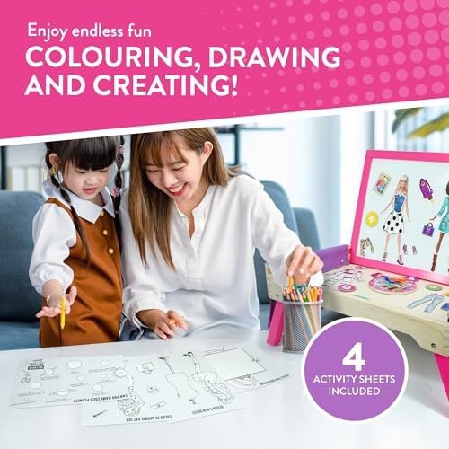 Barbie 2-in-1 magnetic whiteboard and lap tray for kids, featuring colorful drawing surfaces and educational activity space.