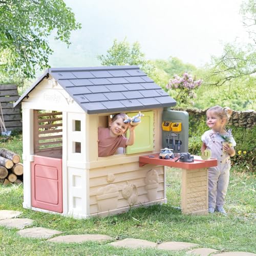 Smoby Life Nature Playhouse with workshop features a wooden playhouse and workshop area for kids, outdoor toy for imaginative play.