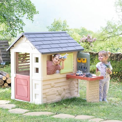 Smoby Life Nature Playhouse with workshop features a wooden playhouse and workshop area for kids, outdoor toy for imaginative play.