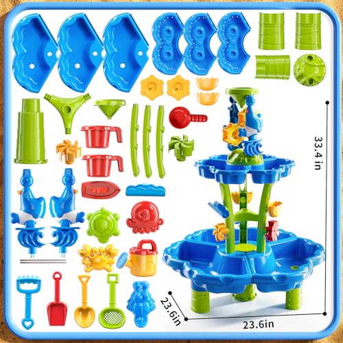 DULONIME 3-Tier Sand and Water Table Toys for Kids Aged 3 4 5 6 7 8, Water Waterfall Sensory Play Table with Beach Toys Accessories, Outdoor Activity Playset for Toddlers 2-4 3-5 4-6, Birthday Gifts