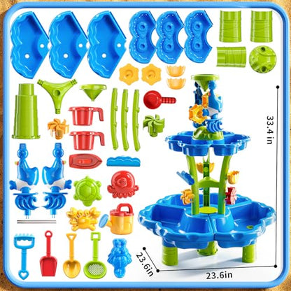 DULONIME 3-Tier Sand and Water Table Toys for Kids Aged 3 4 5 6 7 8, Water Waterfall Sensory Play Table with Beach Toys Accessories, Outdoor Activity Playset for Toddlers 2-4 3-5 4-6, Birthday Gifts