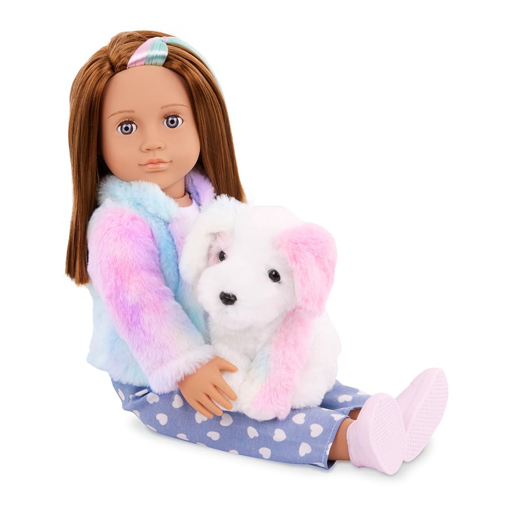 18-inch Our Generation doll Skylar with plush rainbow dog and pet care accessories for imaginative play.