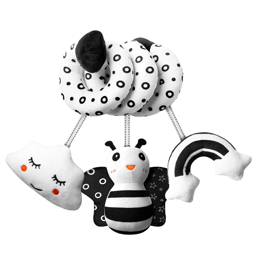 Aolso sensory pram toys in black and white spiral design with a ringing bell, suitable for car seats and cribs.