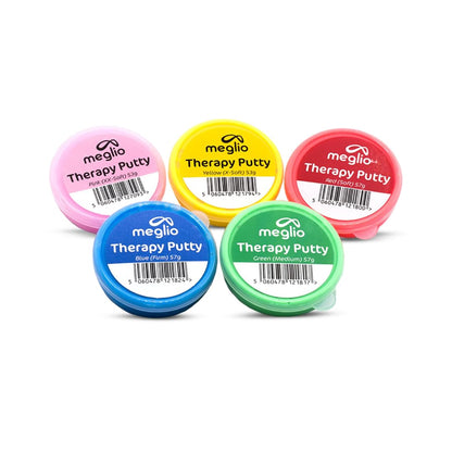 Meglio Hand Therapy Putty in color-coded tubs for strength training and stress relief, suitable for adults and children.