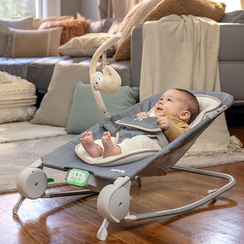 Ingenuity Happy Belly Rock-to-Bounce Seat, Music, Vibration, Detachable Toy Bar, Plush Sloth Toy, for Ages 0-6 Months, Grey - Parker