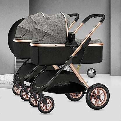 YCKEGEW Double Seat Twin Baby Stroller Luxury Carriage Tandem Pram Side By Side,Detachable Pushchair From Birth to 15 Kg,Infant Twins Stroller Can Sit Lie (Color : Gray)