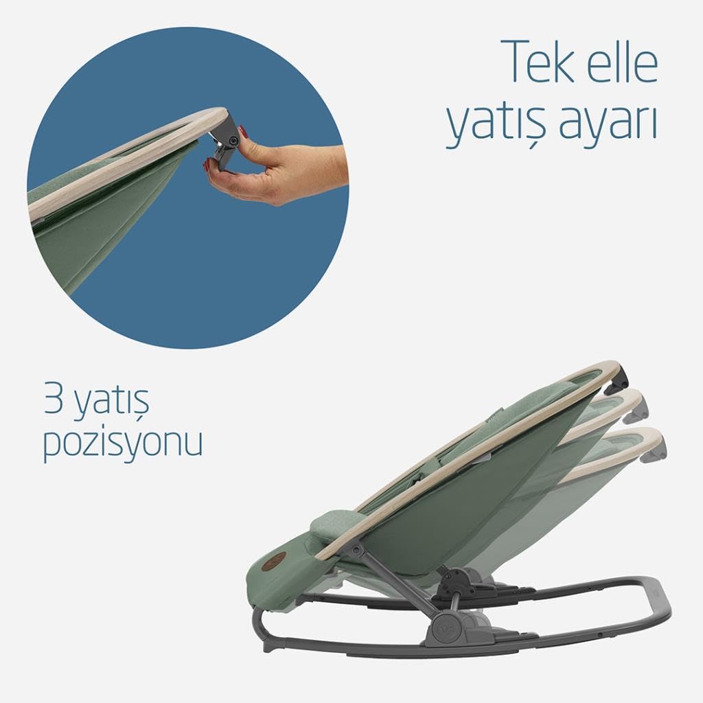 Maxi-COSI Kori 2-in-1 ergonomic baby bouncer chair with toy arch, adjustable recline, lightweight design, and newborn pillow.