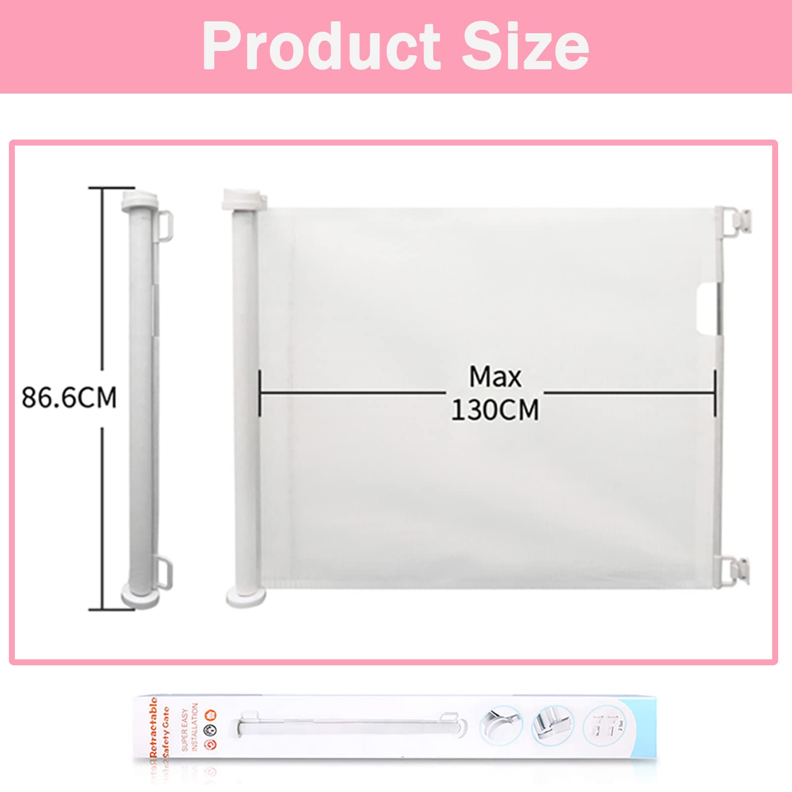 White JAOSY retractable mesh baby gate for stairs and hallways, portable, soft non-toxic mesh, adjustable up to 140 cm.