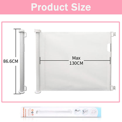 White JAOSY retractable mesh baby gate for stairs and hallways, portable, soft non-toxic mesh, adjustable up to 140 cm.