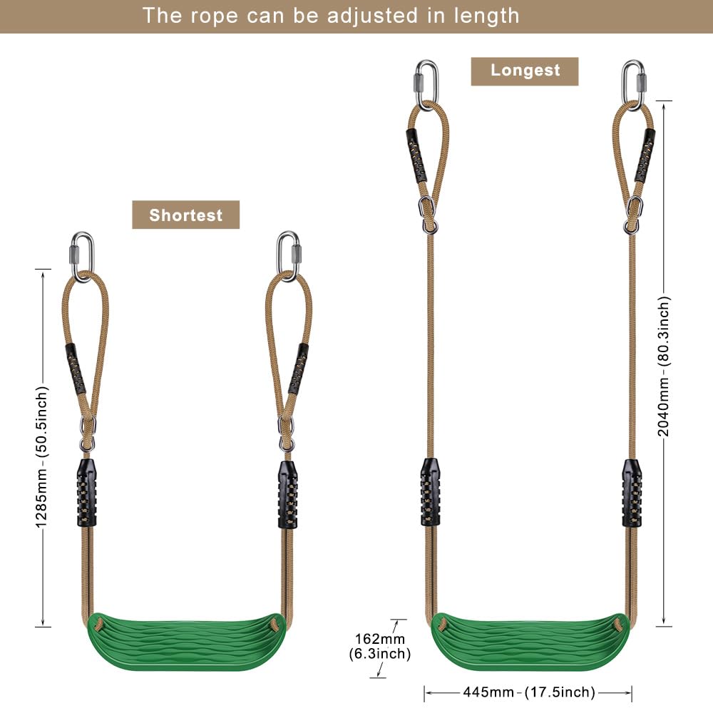 BeneLabel Kids swing seat made of hard plastic with adjustable rope, suitable for indoor or outdoor use, green water ripple design.