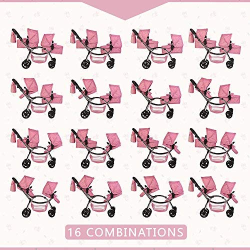 Roma Darcie Twin Dolls Pram in Pink with Adjustable Handle,Dolls Pushchair, Lightweight Dolls Double Buggy, Twin Pram for 3-16 Years, Fits 18 Inch Dolls, Ideal For Christmas, Birthdays and Reborns